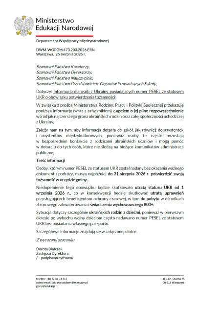 Informacja dla osób z Ukrainy posiadających numer PESEL ze statusem UKR o obowiązku potwie